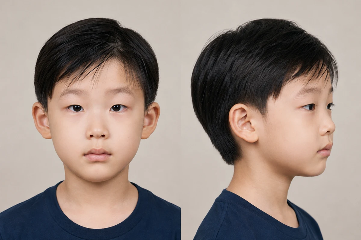 정면, 사선, 옆모습으로 찍은 아이의 실사 얼굴 사진