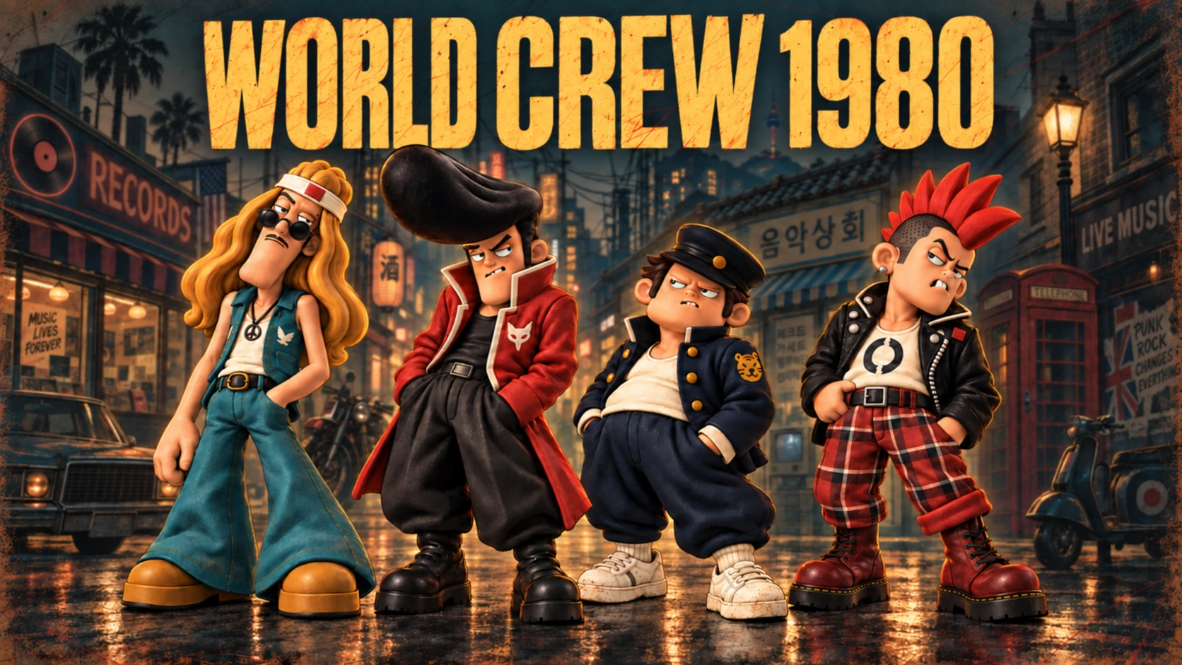 WORLD CREW 1980. 미국, 일본, 한국, 영국의 복고 거리 앞에 모인 써니, 보소, 후드, 라이엇